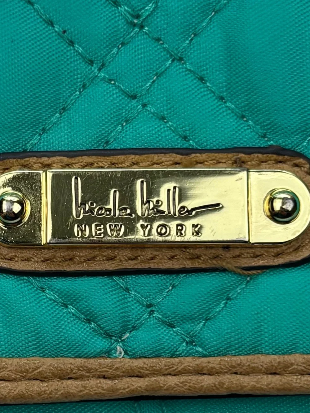 Nicole Miller Teal Quilted Wallet Tri Fold Fabric Wallet with Gold Plate